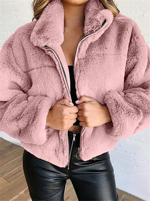 Comfortable Warm Full Zip Fastening Side Pocket Artificial Fur Cropped Coat