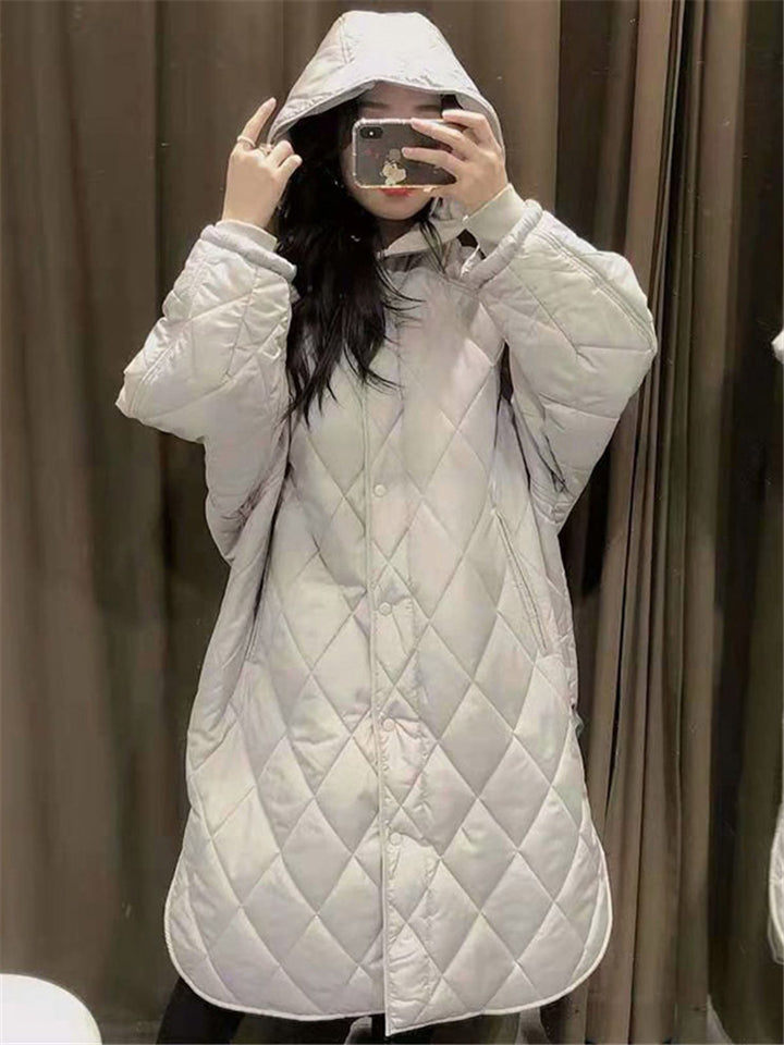 Fashion Hooded Solid Color Thermal Loose Buttons Long Coat