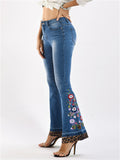 Women's Floral Embroidery Bell Bottom Denim Pants