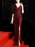 Flattering Sequined Wrap Neck Side Slit Mermaid Dress for Evening Party