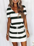 Relaxed Shape V Neck Contrast Striped Print Short Sleeve Drawstring Waist Pocket Dress