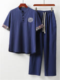 Ethnic Style Linen Outfit Retro Button Short Sleeve T-Shirt + Drawstring Full Length Pants