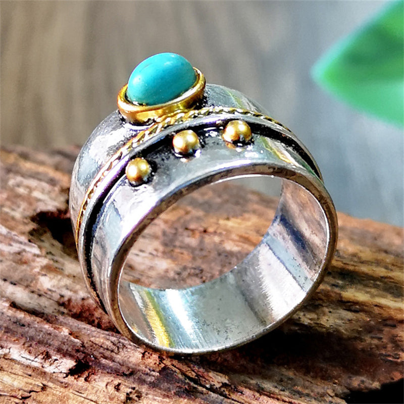 Classic Neutral Turquoise Inlay Gold Border Finger Ring