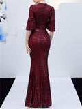 Elegant Sequined Half Sleeve Trumpet Sexy Black Formal Dress