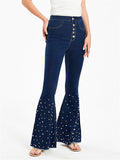 Pretty White Pearl Grace Women Bell Bottom Denim Jeans for Autumn Winter