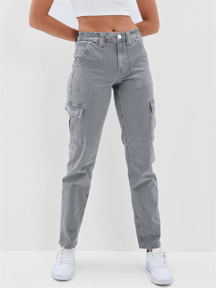Women's Casual Washed Effect Multi-Pockets Button Grey Cargo Pants