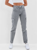 Women's Casual Washed Effect Multi-Pockets Button Grey Cargo Pants