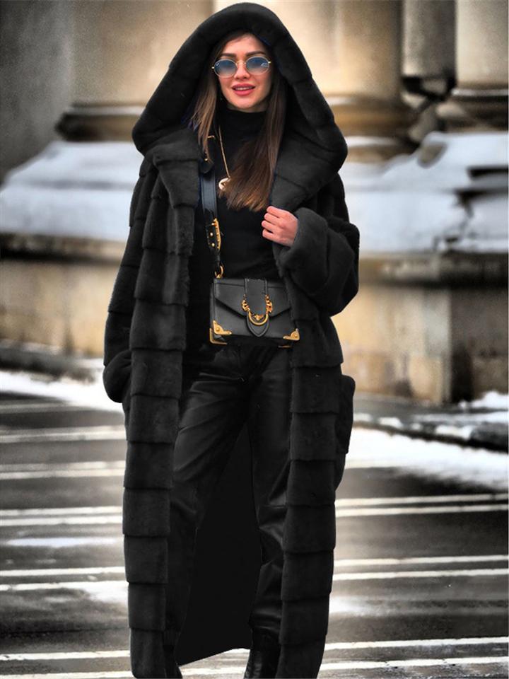 Extra Cozy Warm Faux Fur Open Front Pocket Hooded Long Coat