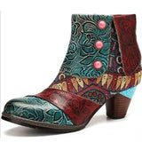 Bohemian Style Fashion Color Matching Zipper Chunky Heel Ankle Boots
