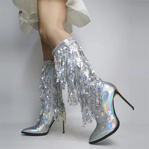 Pointed Toe Fashion Fringe Sequined Mid-Calf Boots