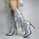 Pointed Toe Fashion Fringe Sequined Mid-Calf Boots