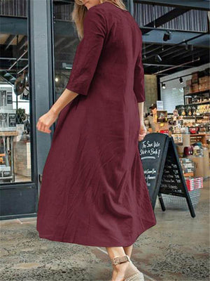 Loose Fit V Neck Long Sleeve Solid Color Pocket Maxi Dress