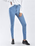 Spring Autumn Pretty White Pearl Woven Tape Thin Denim Jeans for Women