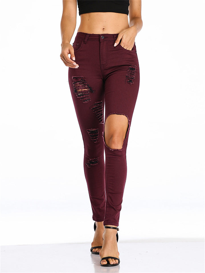 Summer Sexy Street Style Ripped Fit Wine Red Denim Jeans for Women
