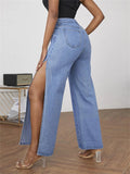 New Fashion Leisure High Split Wide Leg Pants Loose Hole Ripped Jeans