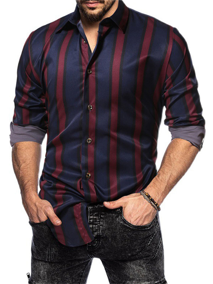 Summer Trendy Vertical Striped Lapel Button Up Mens Shirt
