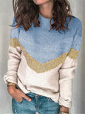 Trendy Striped Contrast Color Knit Pullover Round Neck Raglan Sleeve Sweater