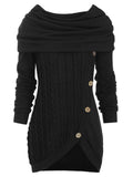 Casual Button Deco Knitted Irregular Hem Hooded Sweater