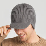 Men’s Warm Windproof Ribbed Knitted Brim Cap with Ear Flaps