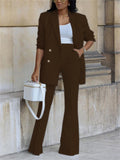 Office Ladies Solid Double Breasted Blazer Wide Leg Pants Sets