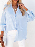 Female Chic Stripe Stand Collar Loose Puff Sleeve Blouses