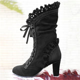 Lace-Up Retro High Heel Boots For Women