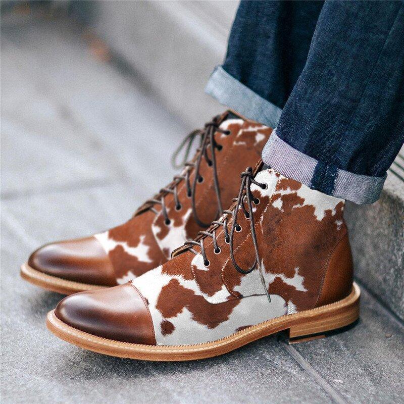 Stylish Texture Printed Hit Color Laced Mens Boots