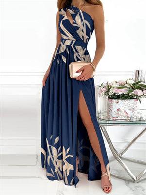 New Summer Elegant Floral Print High Slit Maxi One Shoulder Cocktail Dresses