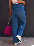 Women's Retro Floral Embroidery High Rise Straight Leg Denim Pants