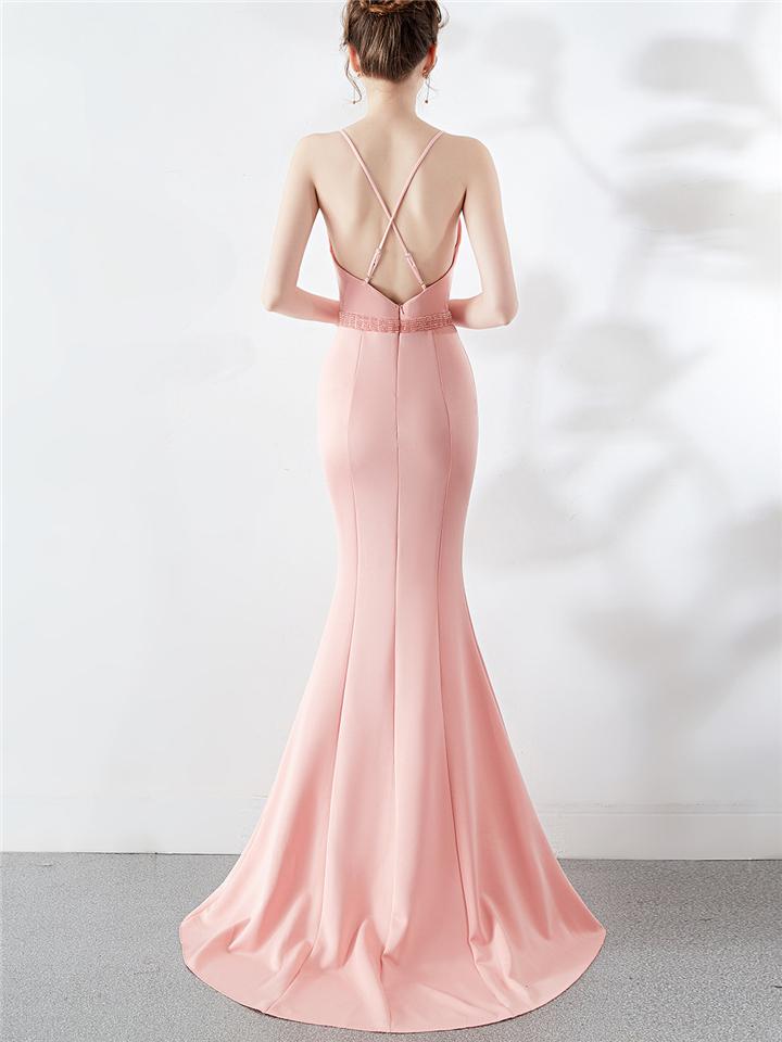 Stunning Wrap Neck Backless Sweep Train Strappy Dress for Evening Party