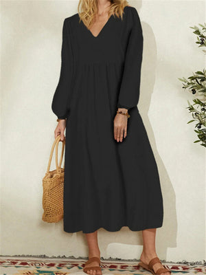 V-Neck Loose Puff Long Sleeve Dresses