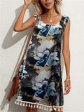 Vintage Print Loose Sleeveless Tassel Hem Trendy Dress for Lady