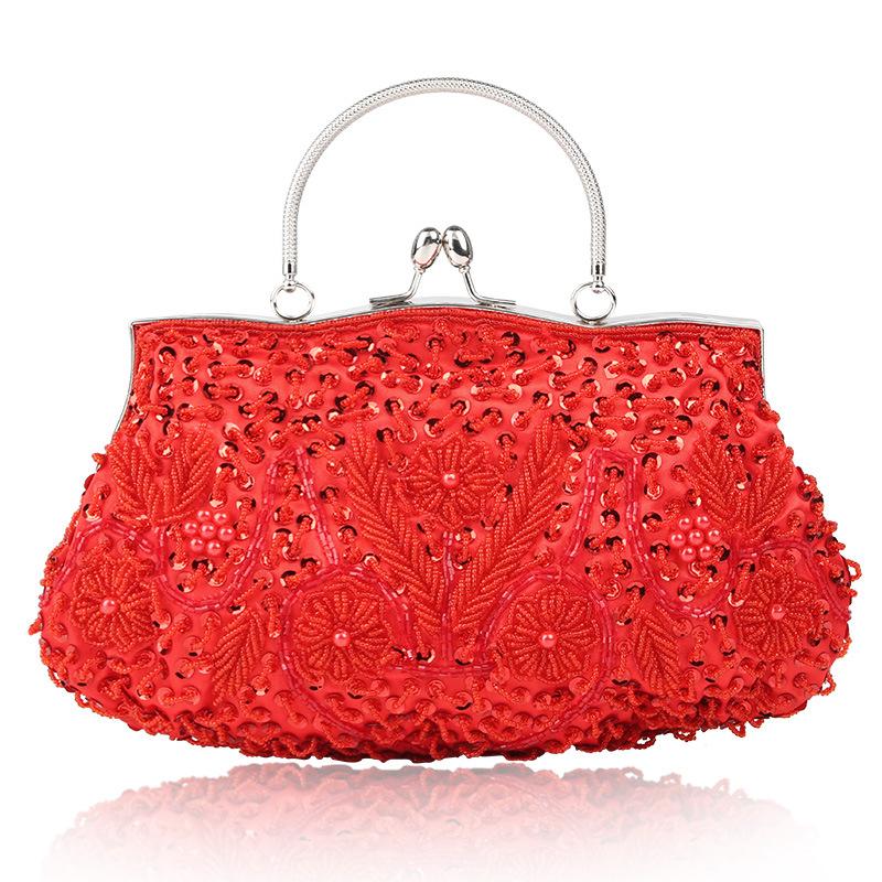 Shimmering Elegant Top-Handled Floral Beaded Clutch Evening Bag Wedding Party