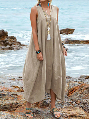 Women's Deep V Neck Pocket Backless Lace Up Loose Beach Dress