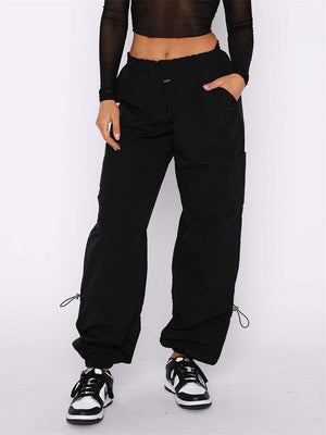 Sports Comfy Elastic Waist Multi Pockets Ankle Tied Pants for Women
