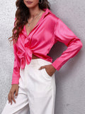 Super Soft Lapel Button Long Sleeve Silky Blouses for Office Lady