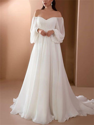 Women's Elegant White Off Shoulder Puff Sleeve Wedding Dress