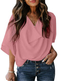 Feminine Flowy Style Cowl Neck Half Sleeve Lightweight Chiffon Pullover Tops