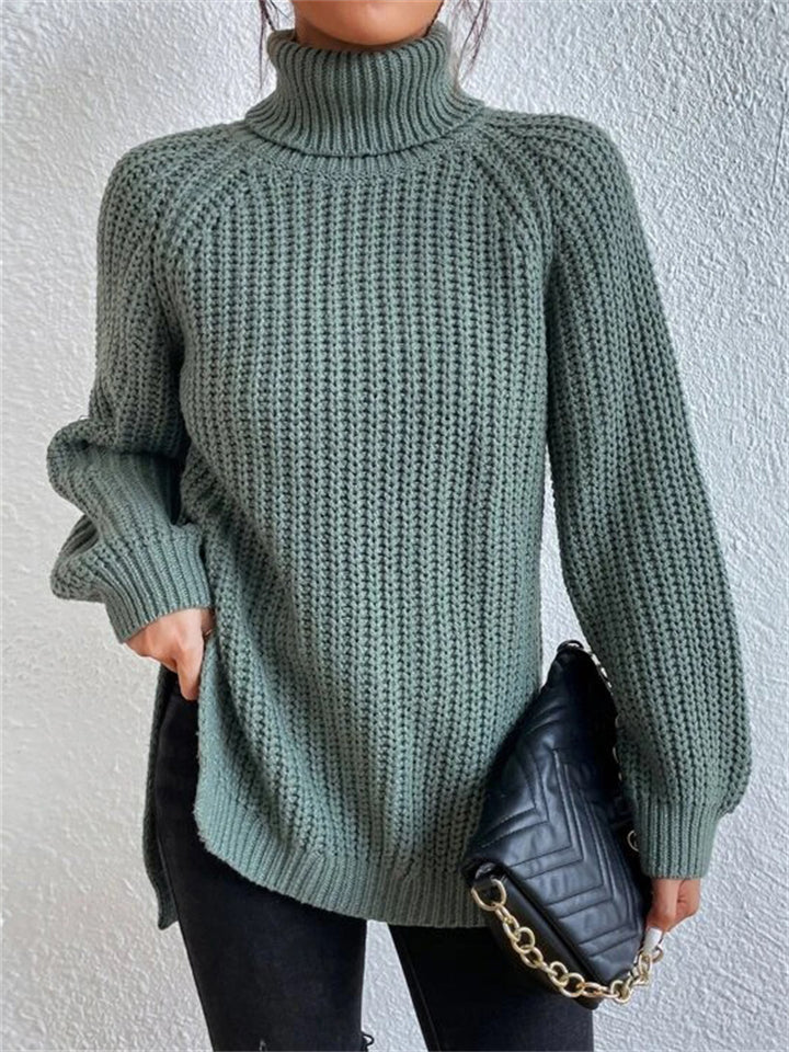 Womens Trendy Turtleneck Side Split Hem Oversized Long Sleeve Knitted Sweaters