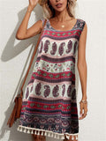 Vintage Print Loose Sleeveless Tassel Hem Trendy Dress for Lady