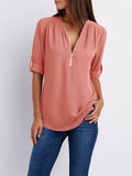 V-neck Zipper Loose Chiffon Blouses