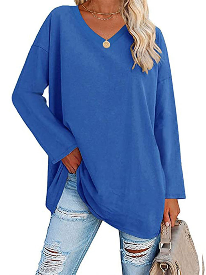 Women's V Neck Long Sleeve Cozy Loose Cotton T-shirts