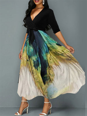 Peacock Print Ultra Light Flowy Midnight Dream Tie-waist Lady Dress