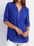 V-neck Zipper Loose Chiffon Blouses