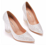 Elegant Ladies Pointed Toe Glitter Sequins Crystal Heels Wedding Pumps