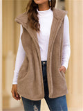 Women's Sleeveless Mid-Length Solid Color Hooded Fuzzy Vest Jacket
