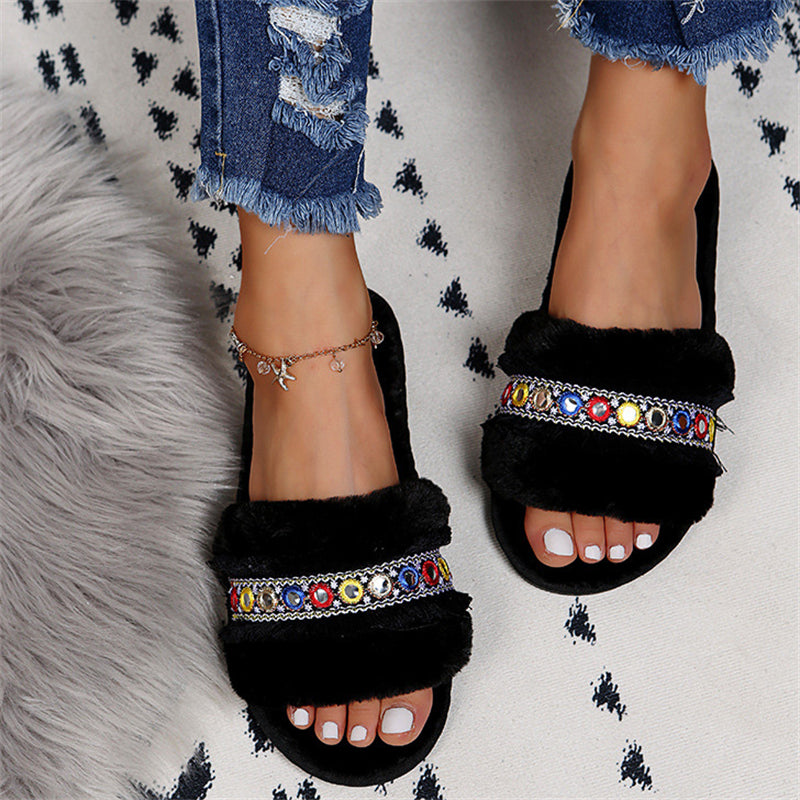Ethnic Style Soft Luxury Fluffy Women Daily Slippers