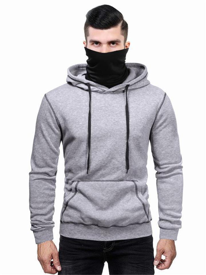 Mens Casual Cowl Neck Face Cover Long Sleeve Hoodie