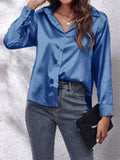 Super Soft Lapel Button Long Sleeve Silky Blouses for Office Lady