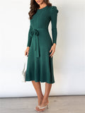 Autumn Winter Knit Solid Midium Length Slim Classy Stylish Ladies Dresses